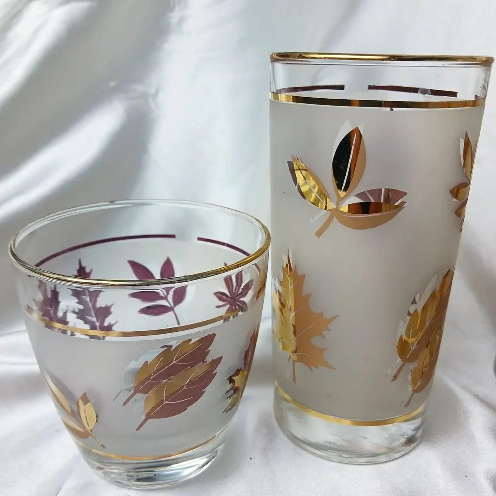 VINTAGE MCM FROSTED GOLD LEAF GLASSES-8 TUMBLERS & 8 OLD FASHIONED- LOT OF 16